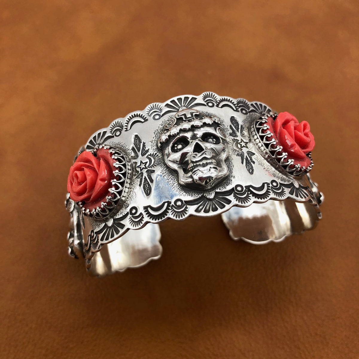 Mi Vida Loca Skull with Coral Rose Flower Cuff – Santa Fe