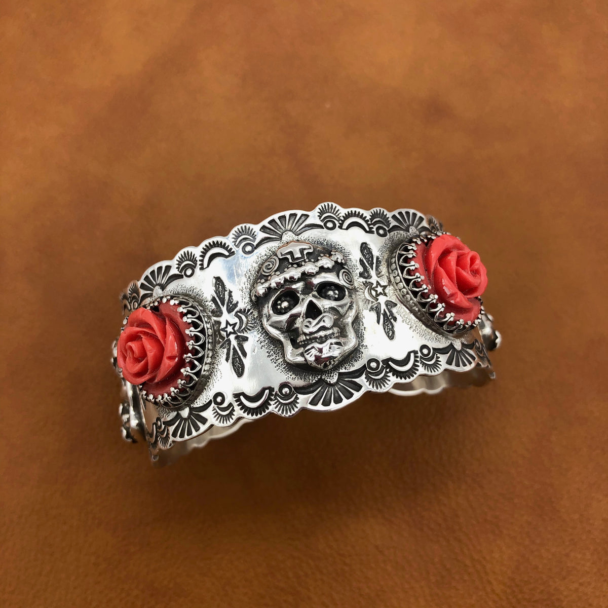 Mi Vida Loca Skull with Coral Rose Flower Cuff – Santa Fe