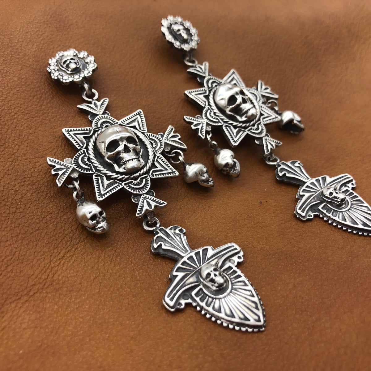 Gothic Silver Embellished Skull & Cross Handcrafted Buckle & Earrings. Gothic Skull and Cross Earrings Handmade Jewelry Unisex  main image 2