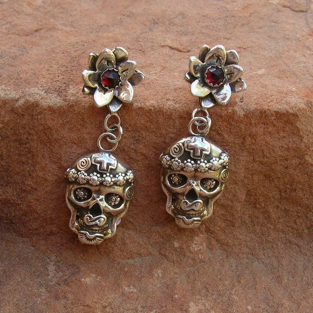 E160 Desert Flower Garnet Mi Vida Loca Skull Earrings