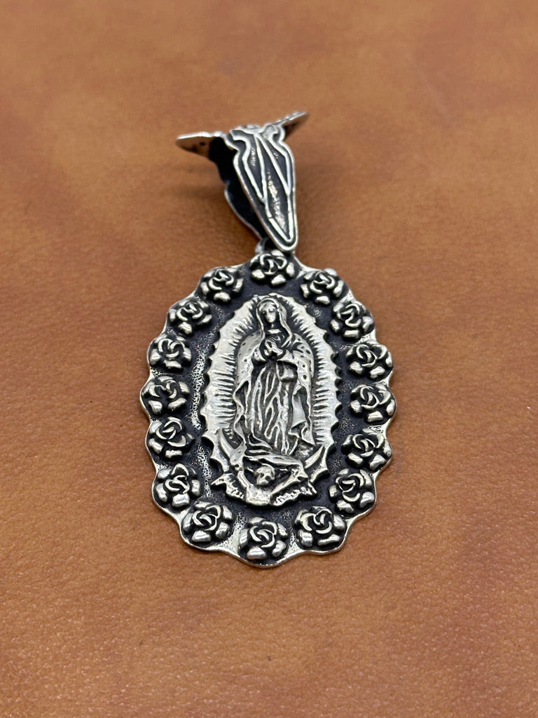 PTG12 Silver Rose Wrapped Ex Large Guadalupe Pendant