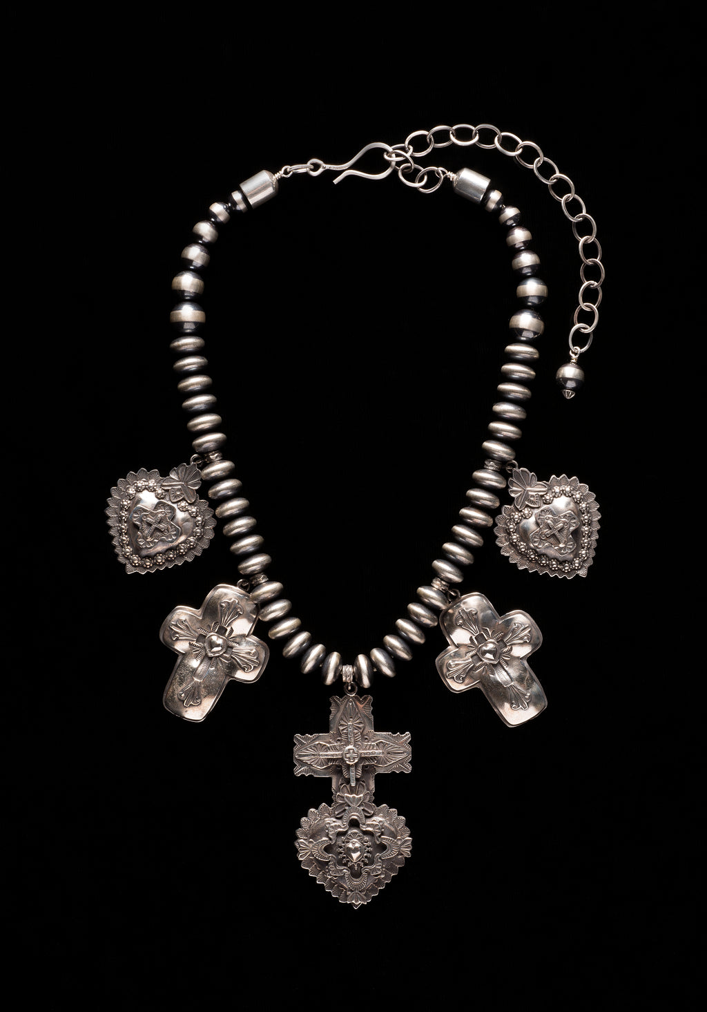 2018 Traditional Spanish Market award winning necklace My Mothers Heart by Gregory Segura Sterling silver heart and cross with Santa Fe Pearls