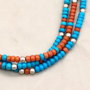 Salmon Coral, Sleeping Beauty Turquoise and Sterling Santa Fe Pearls Necklace