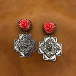 E341 Rose Top Plaza Cross Earrings