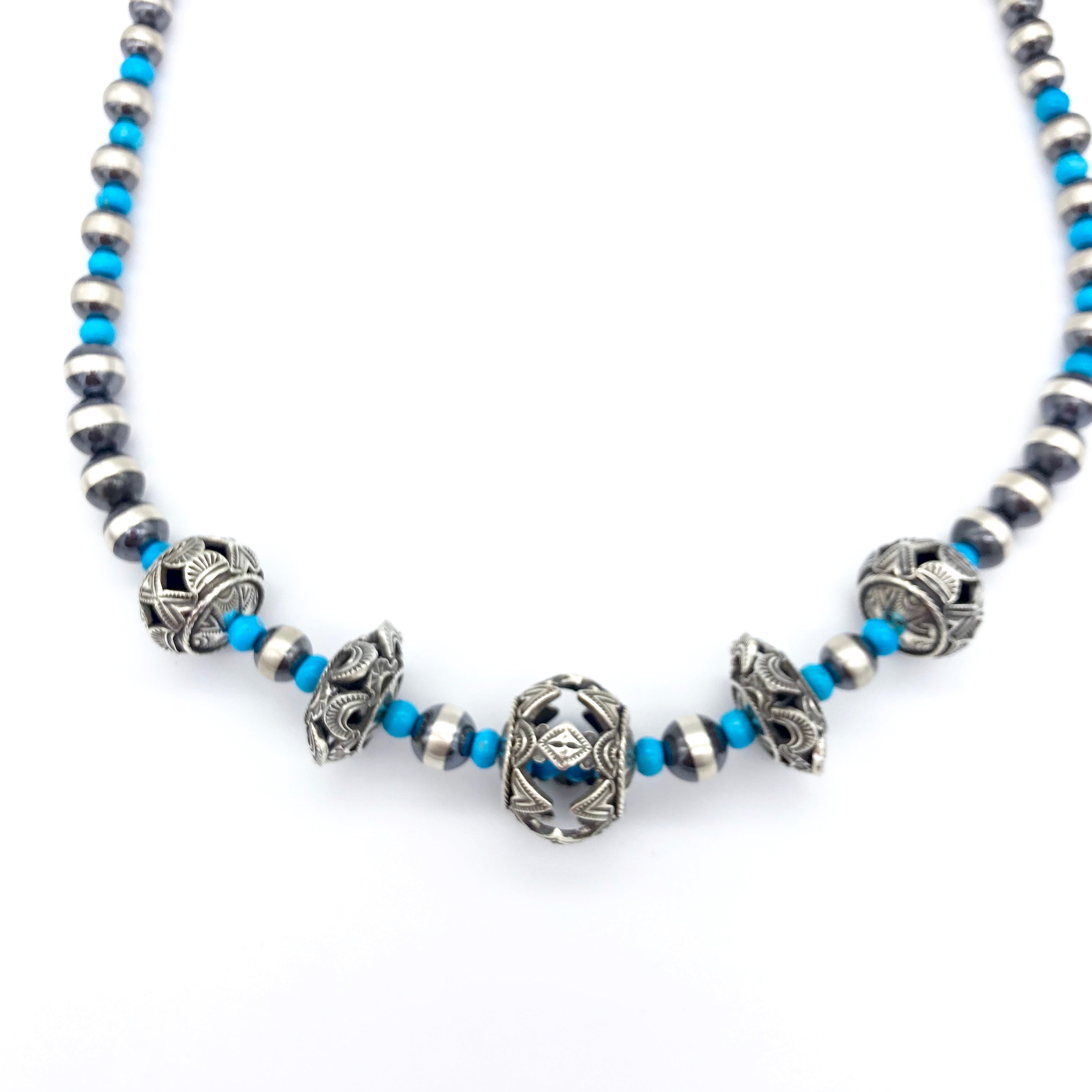 SP4 Santa Fe Pearls with Turquoise and Sterling Bead Necklace