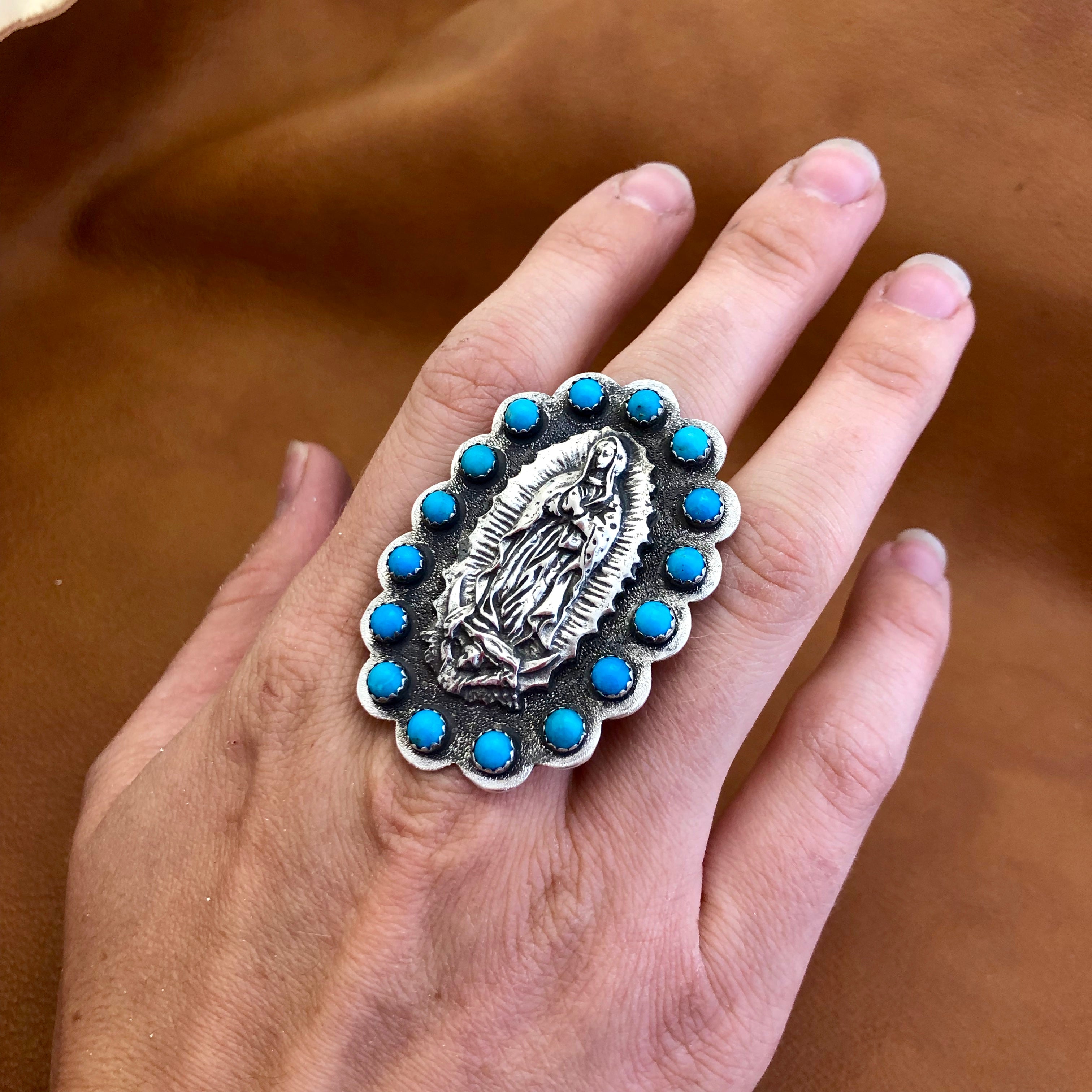 GR5 Large Turquoise Wrapped Guadalupe Ring Santa Fe Silverworks