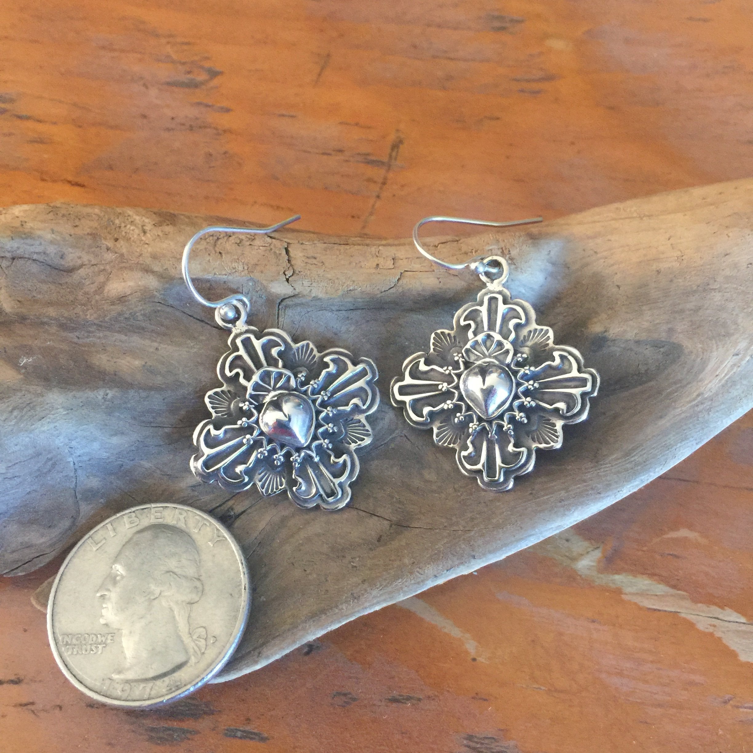 E126 Truchas Cross with overlay Taos Heart Earrings