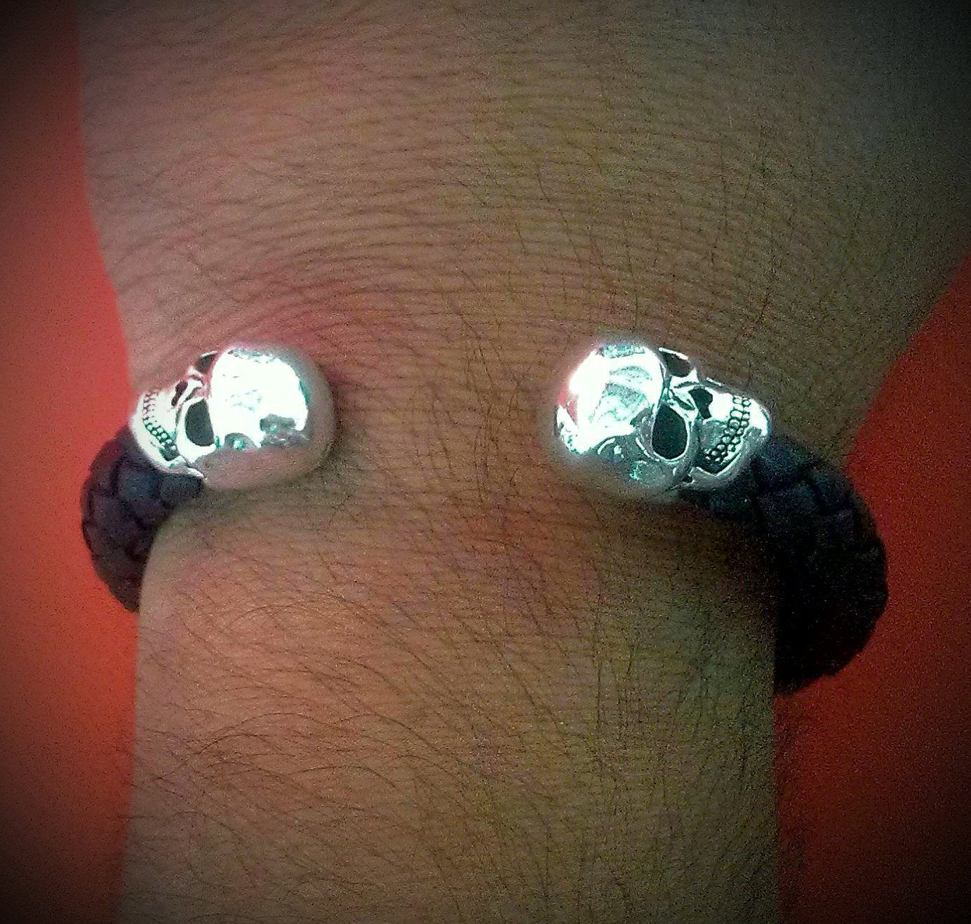 Sterling Silver Skull Braided Leather Cuff