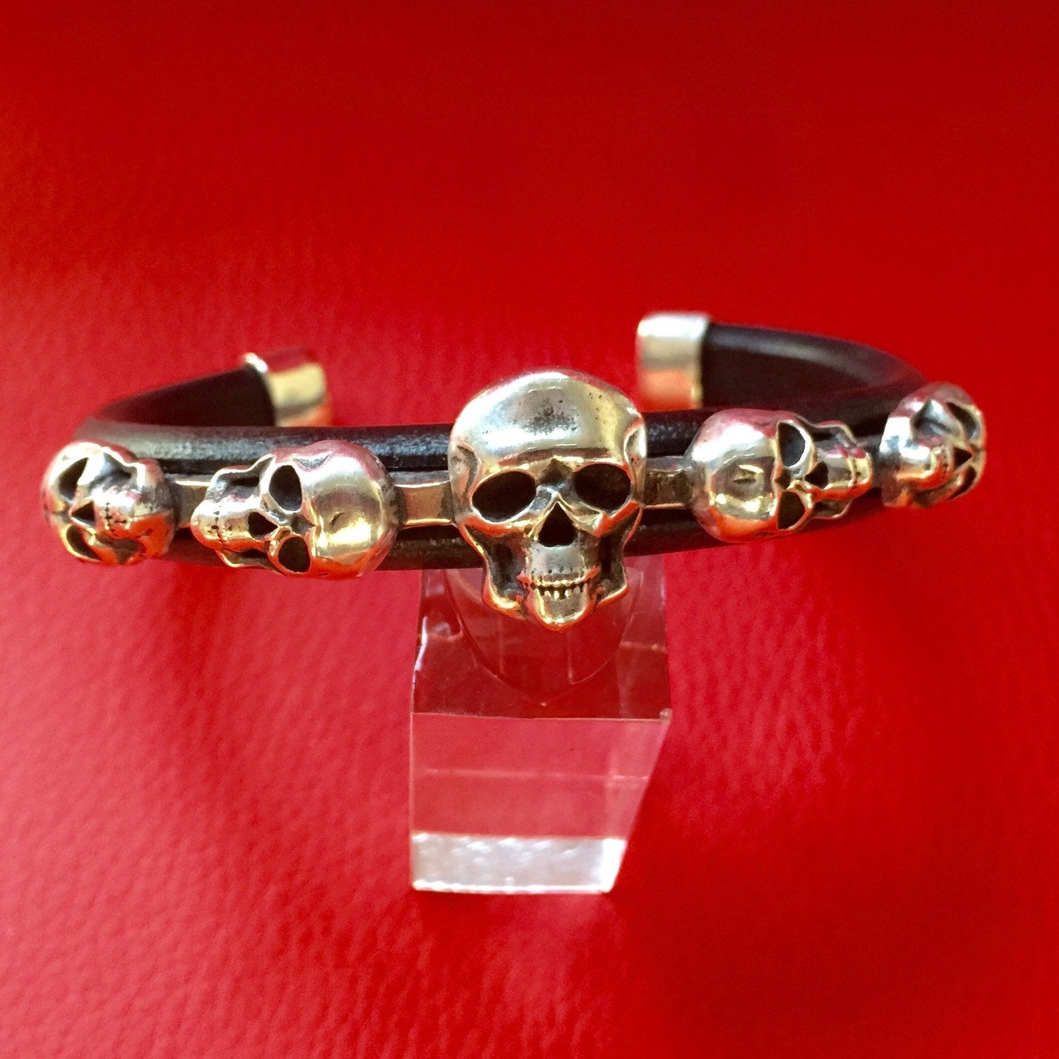 C26 Skull Sterling Silver Inlayed on Leather Cuff