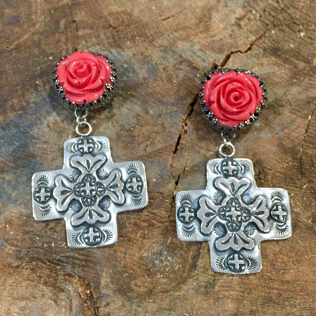 E71 Red Rose Santa Fe Cross Earrings