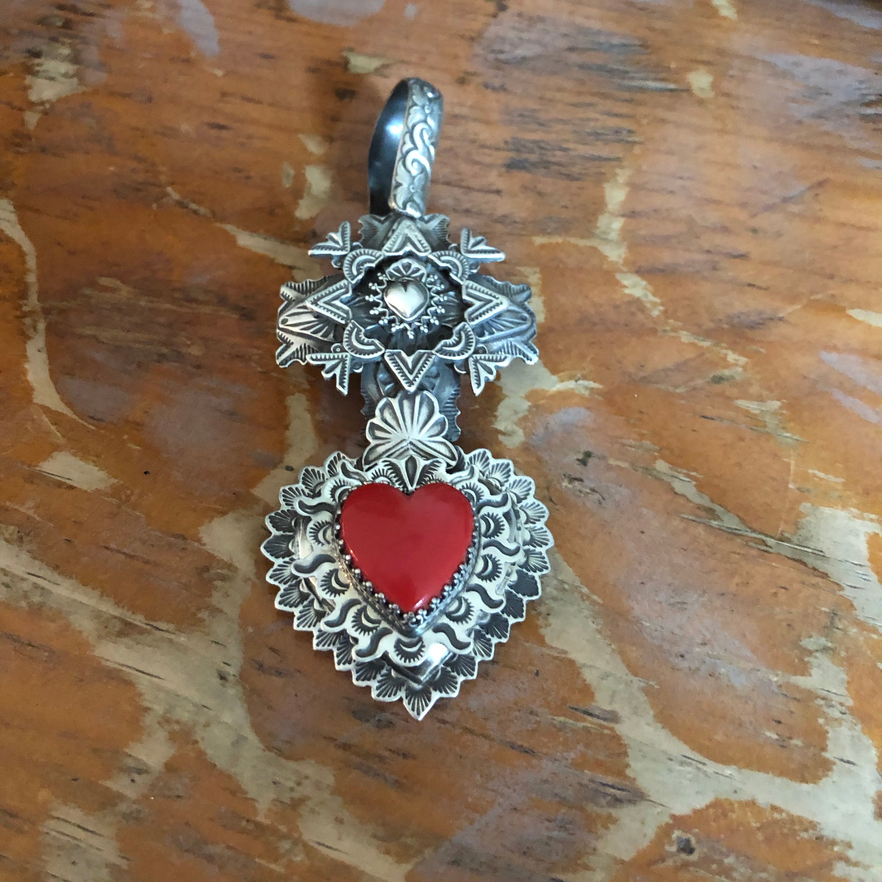 Multi Layer Cross Rosarita Heart Pendant